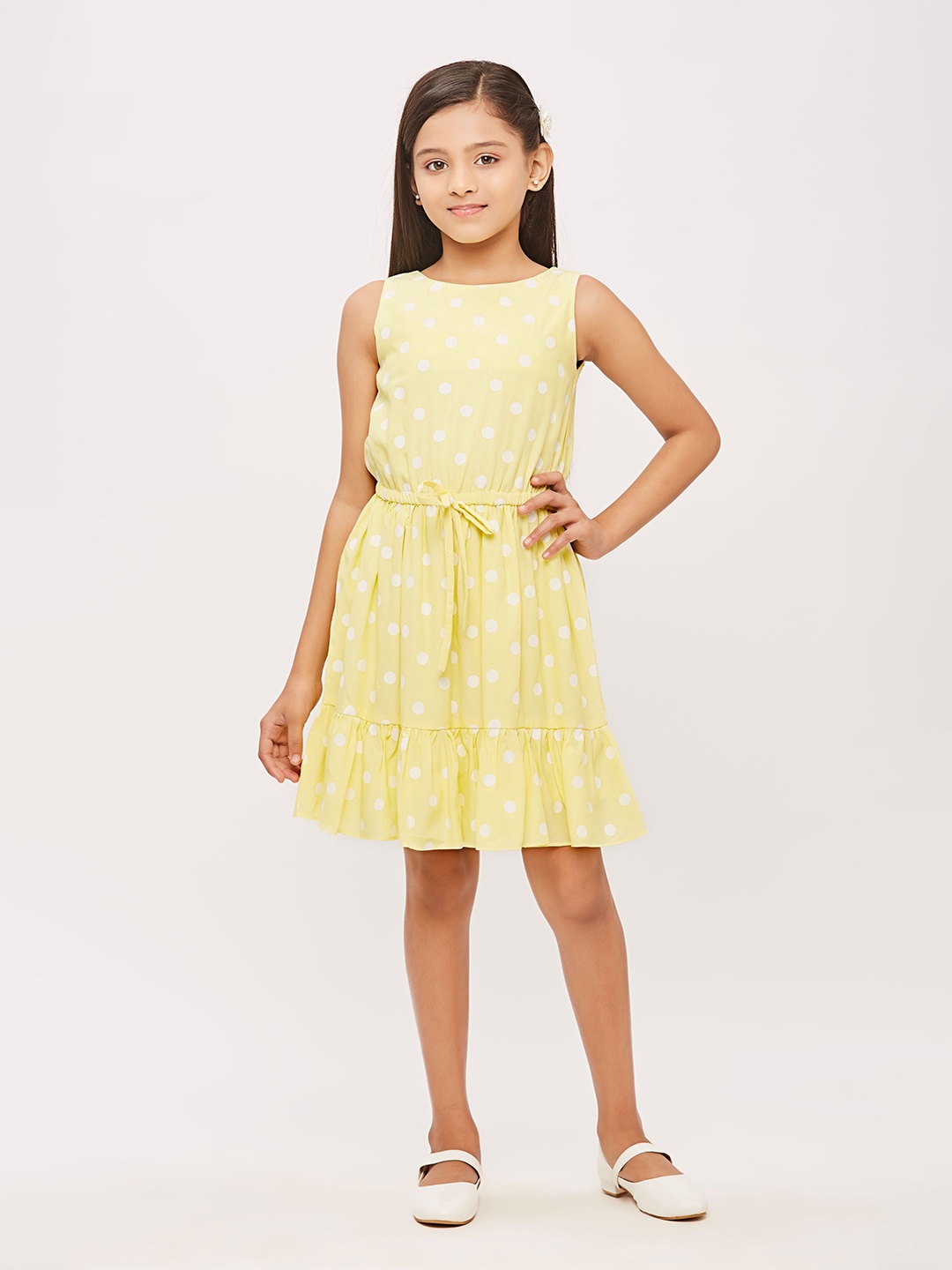 

Tiny Girl Polka Dot Printed Belted Fit and Flare Dress, Yellow