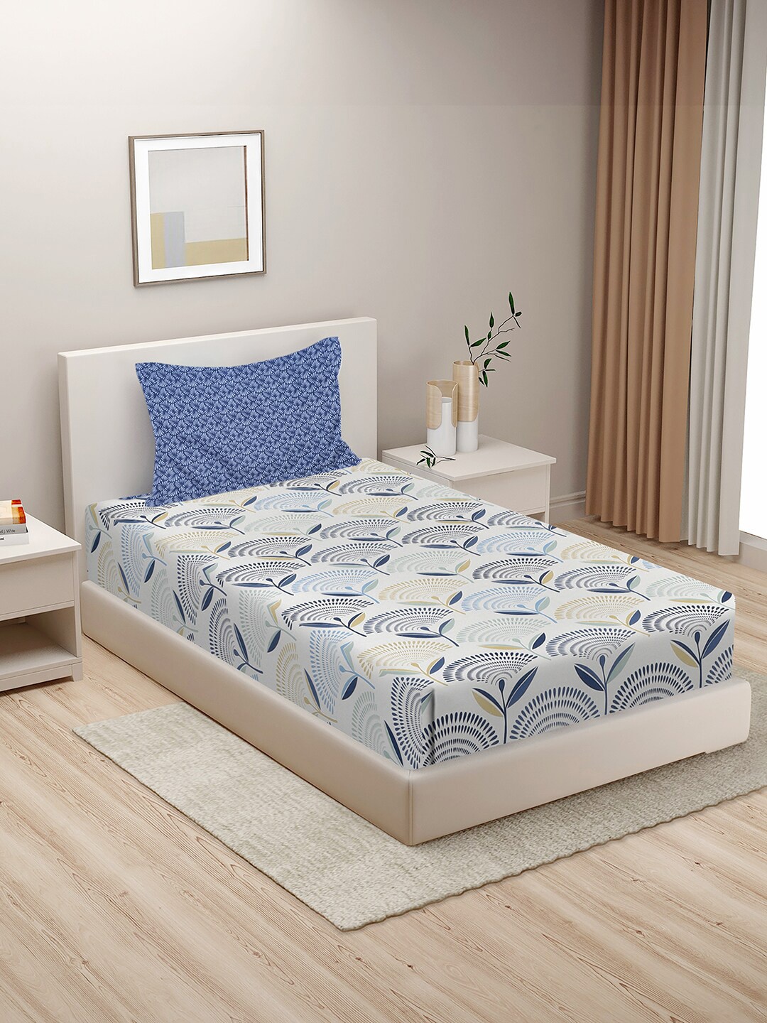 

HOSTA HOMES White & Blue Geometric 210 TC Cotton Single Bedsheet with 1 Pillow Cover