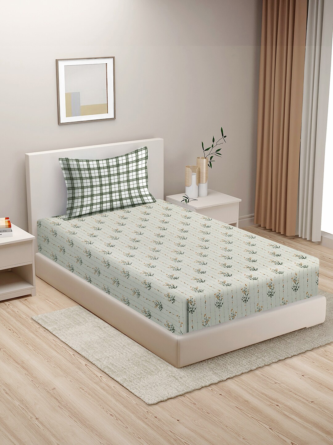 

HOSTA HOMES Off White & Green Floral 210 TC Single Bedsheet with 1 Pillow Cover