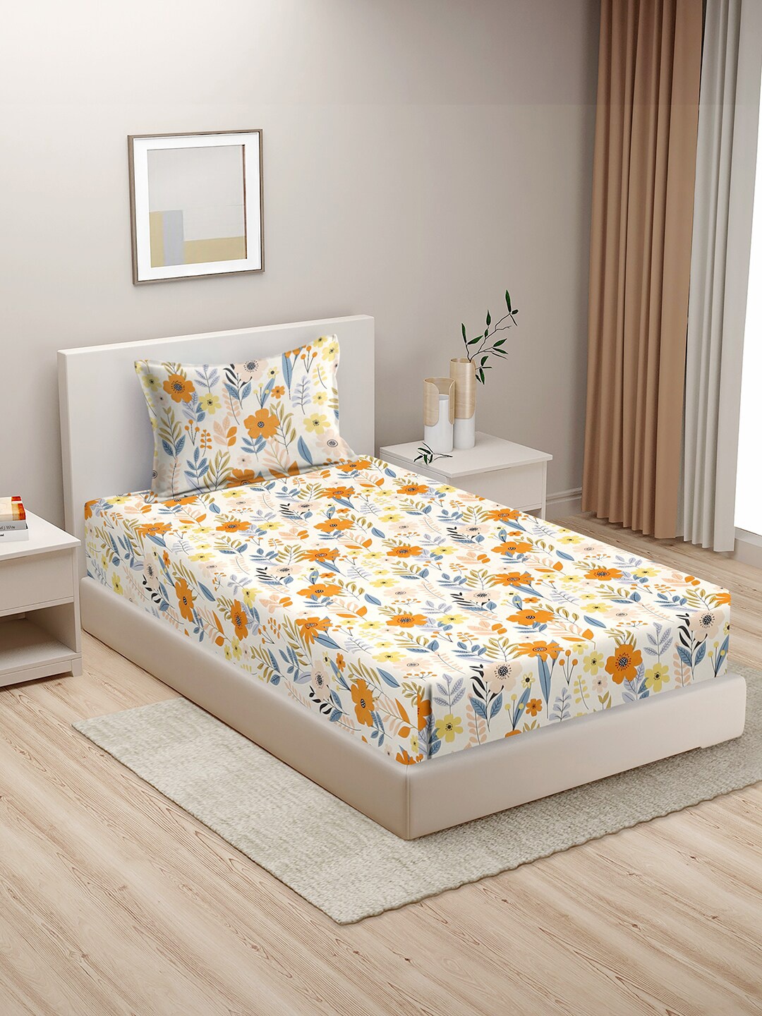 

HOSTA HOMES White & Orange Floral 210 TC Cotton Flat Single Bedsheet With 1 Pillow Cover