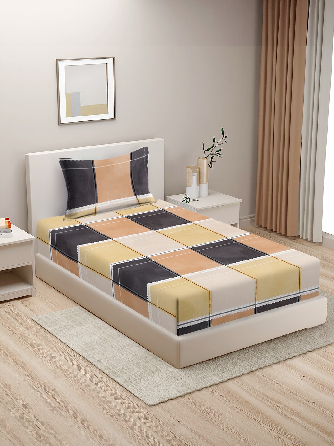 

HOSTA HOMES Black & Orange 210 TC Cotton Flat Single Bedsheet With 1 Pillow Cover