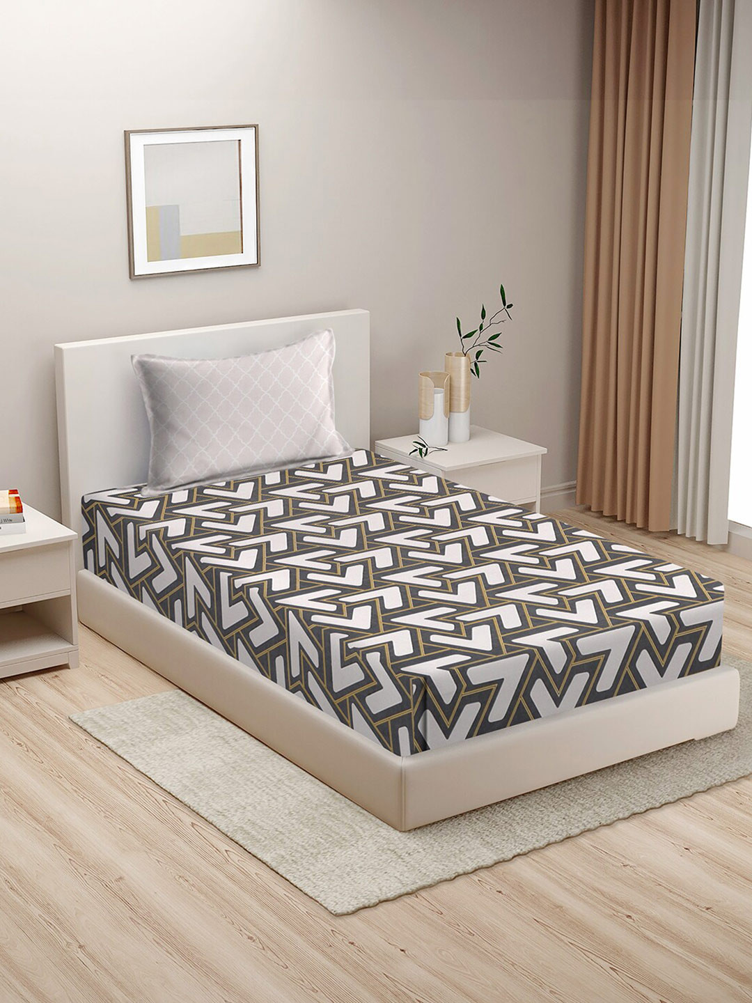 

HOSTA HOMES White & Grey Geometric 210 TC Cotton Flat Single Bedsheet With 1 Pillow Cover