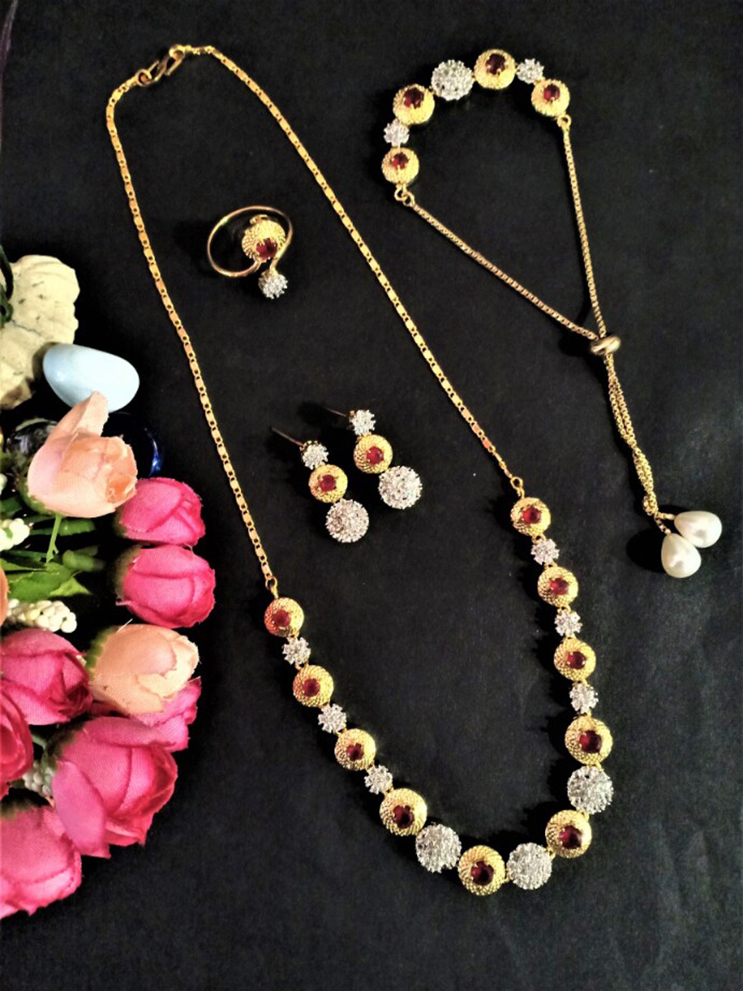 

FEMMIBELLA Gold-Plated Red CZ & Ruby Studded Jewellery Set