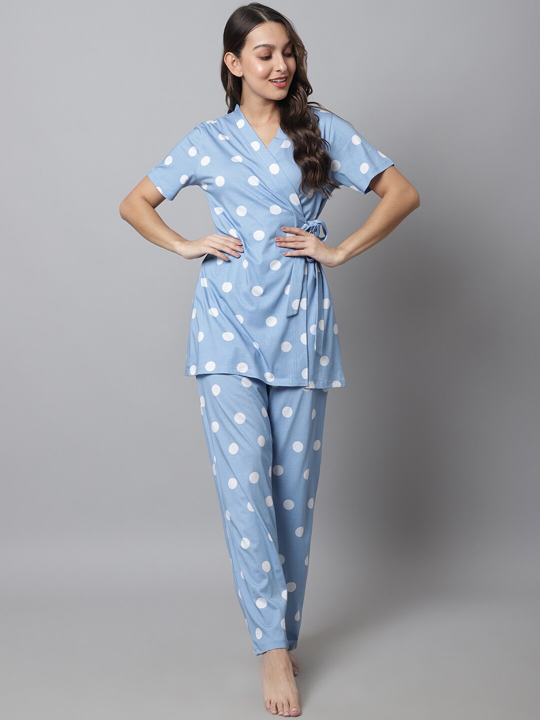 

Kanvin 3 Piece Polka Dots Printed Night Suit With Robe, Blue