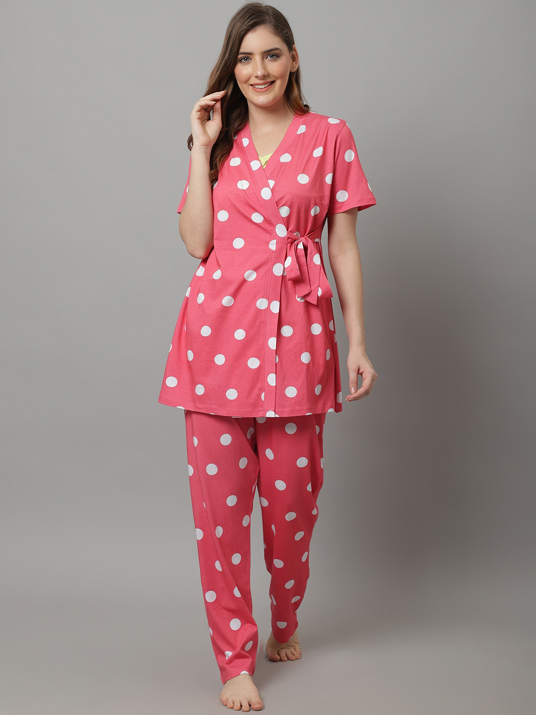 

Kanvin 3 Piece Polka Dots Printed Night Suit With Robe, Red