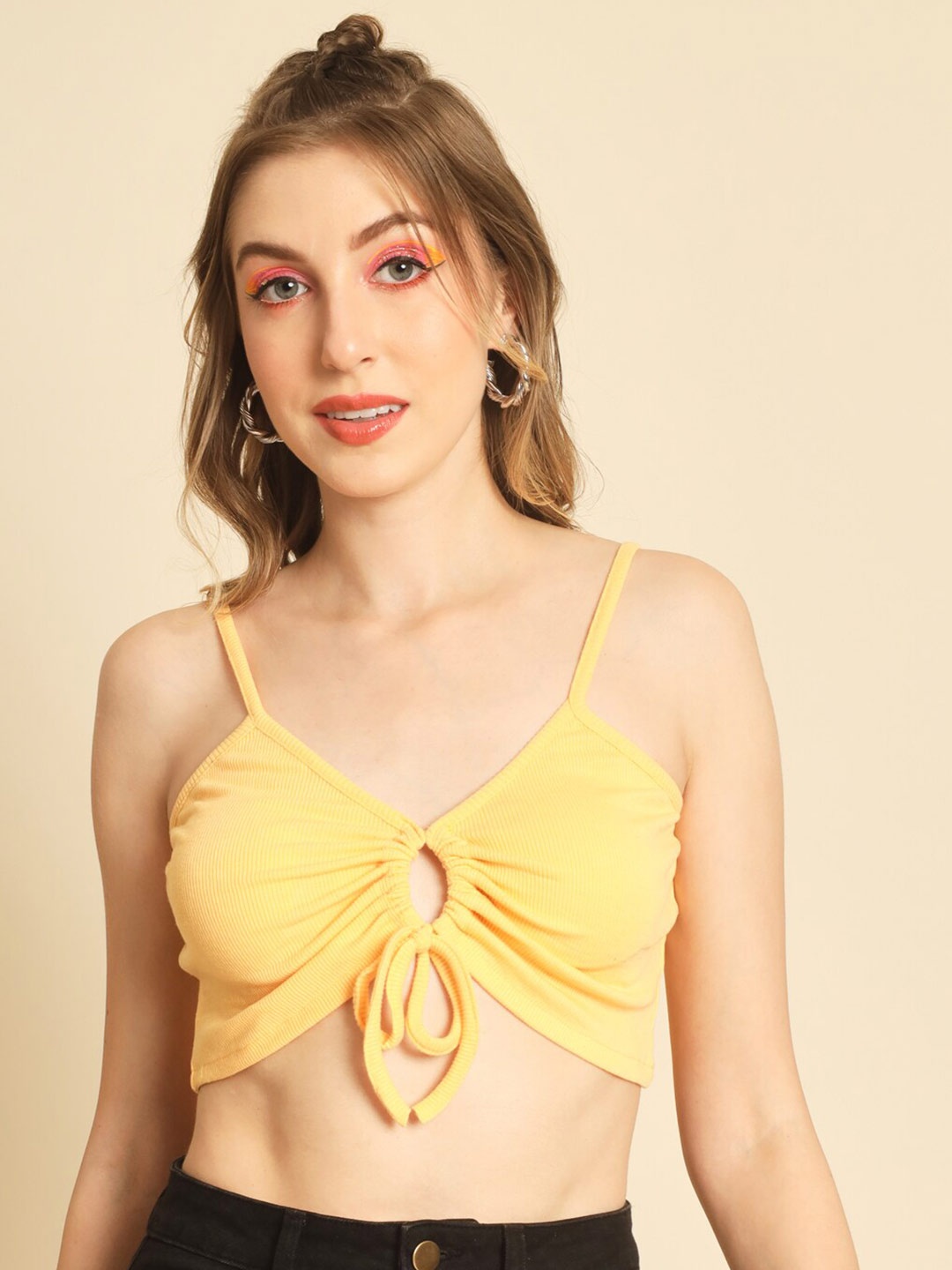 

Darzi Shoulder Strap Bralette Ruched Crop Top, Yellow