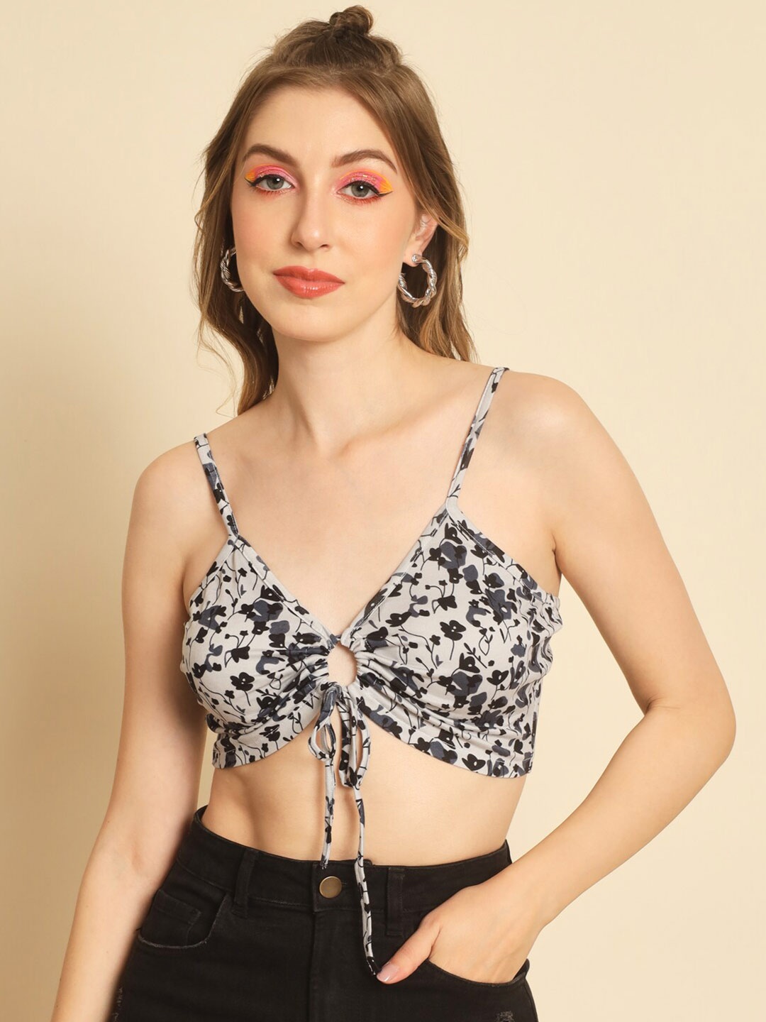 

Darzi Floral Printed Shoulder Straps Bralette Crop Top, White
