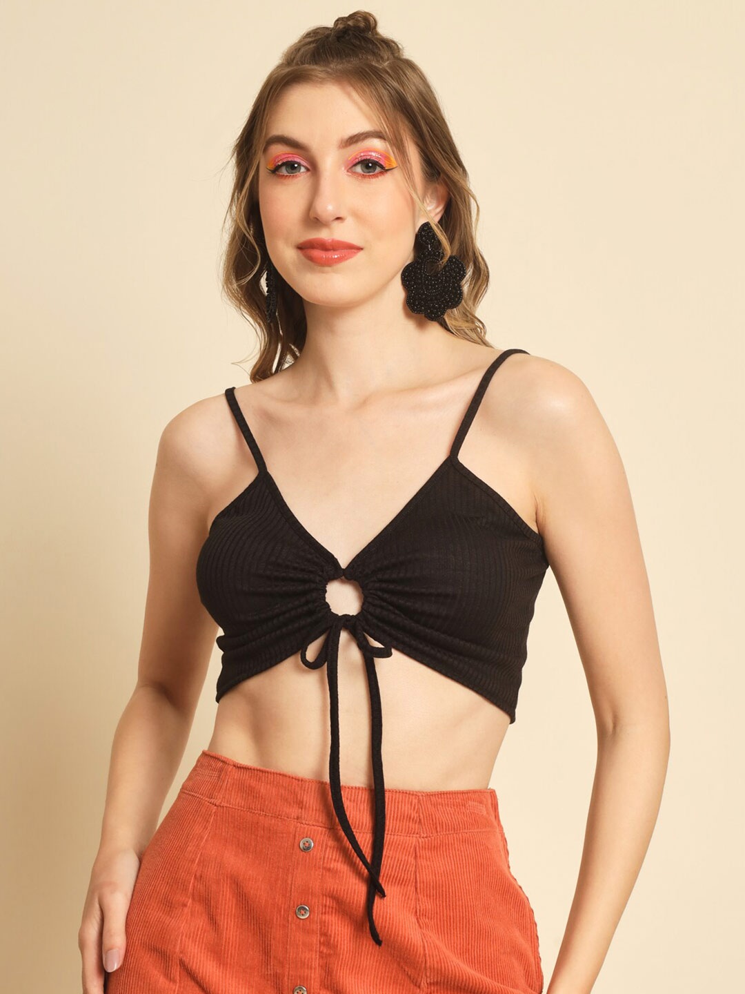 

Darzi Tie-Up Detail Bralette Crop Top, Black