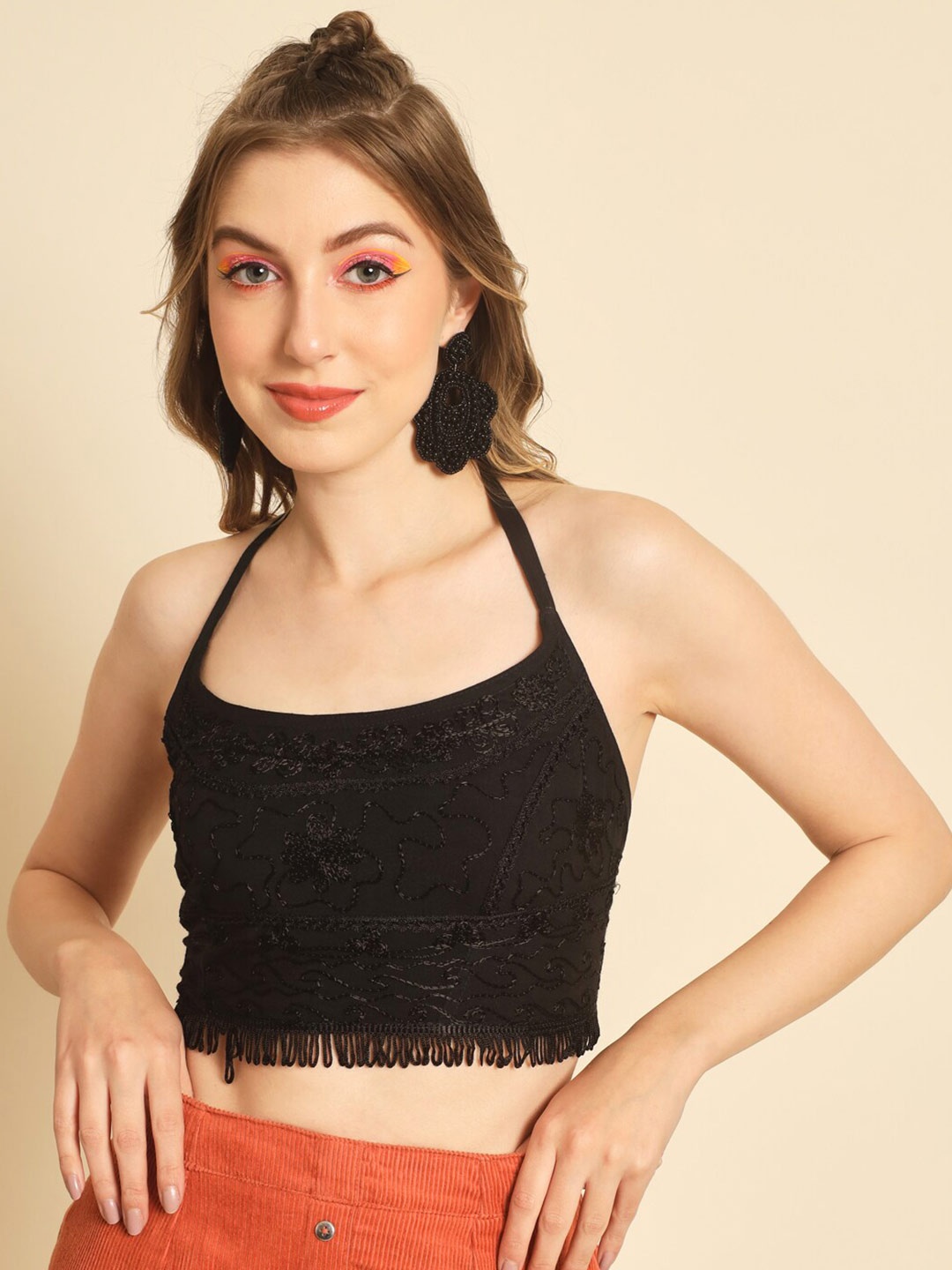 

Darzi Black Halter Neck Embroidered Fitted Crop Top
