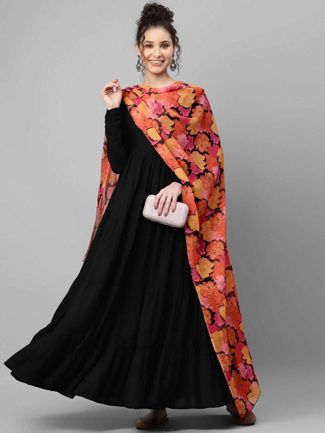 

DEEBACO Round Neck Anarkali Kurta With Printed Dupatta, Black