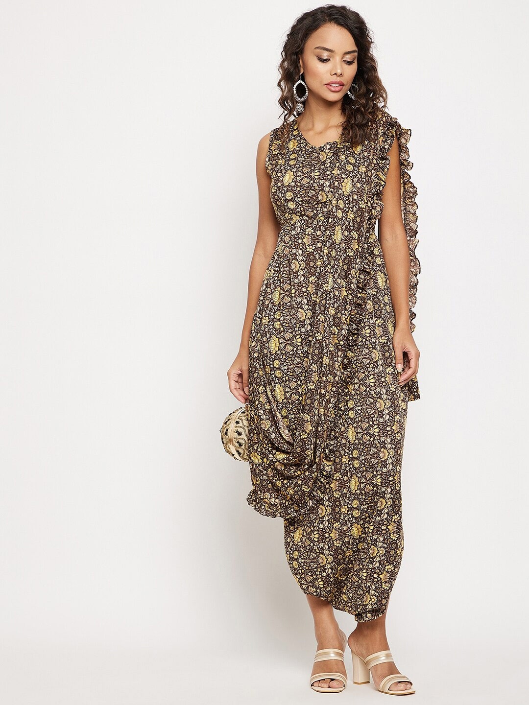 

Uptownie Lite Printed V-Neck Ankle Length Ethnic Sleeveless Basic Jumpsuit With Dupatta, Yellow