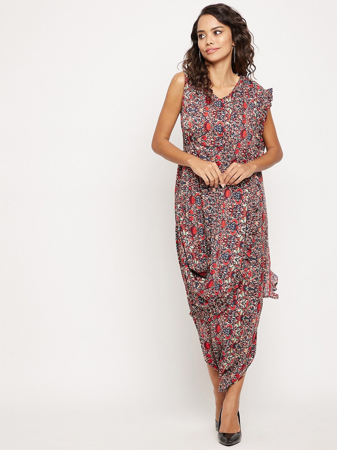 

Uptownie Lite Printed V-Neck Ankle Length Ethnic Sleeveless Basic Jumpsuit With Dupatta, Pink