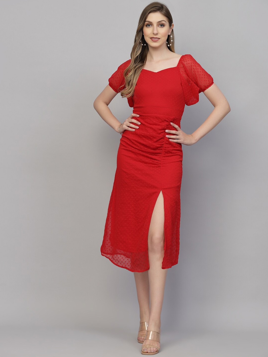 

aayu Sweetheart Neck Georgette Sheath Midi Dress, Red