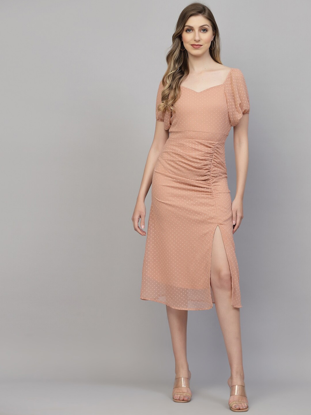 

aayu Sweetheart Neck Ruched Georgette A-line Midi Dress, Peach