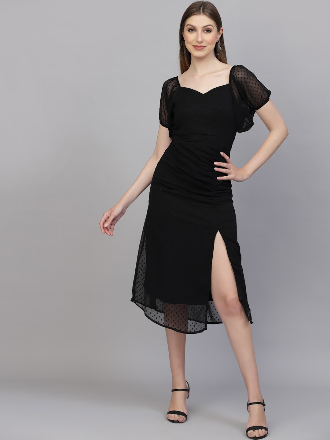 

aayu Self Design Sweetheart Neck Georgette Sheath Midi Dress, Black