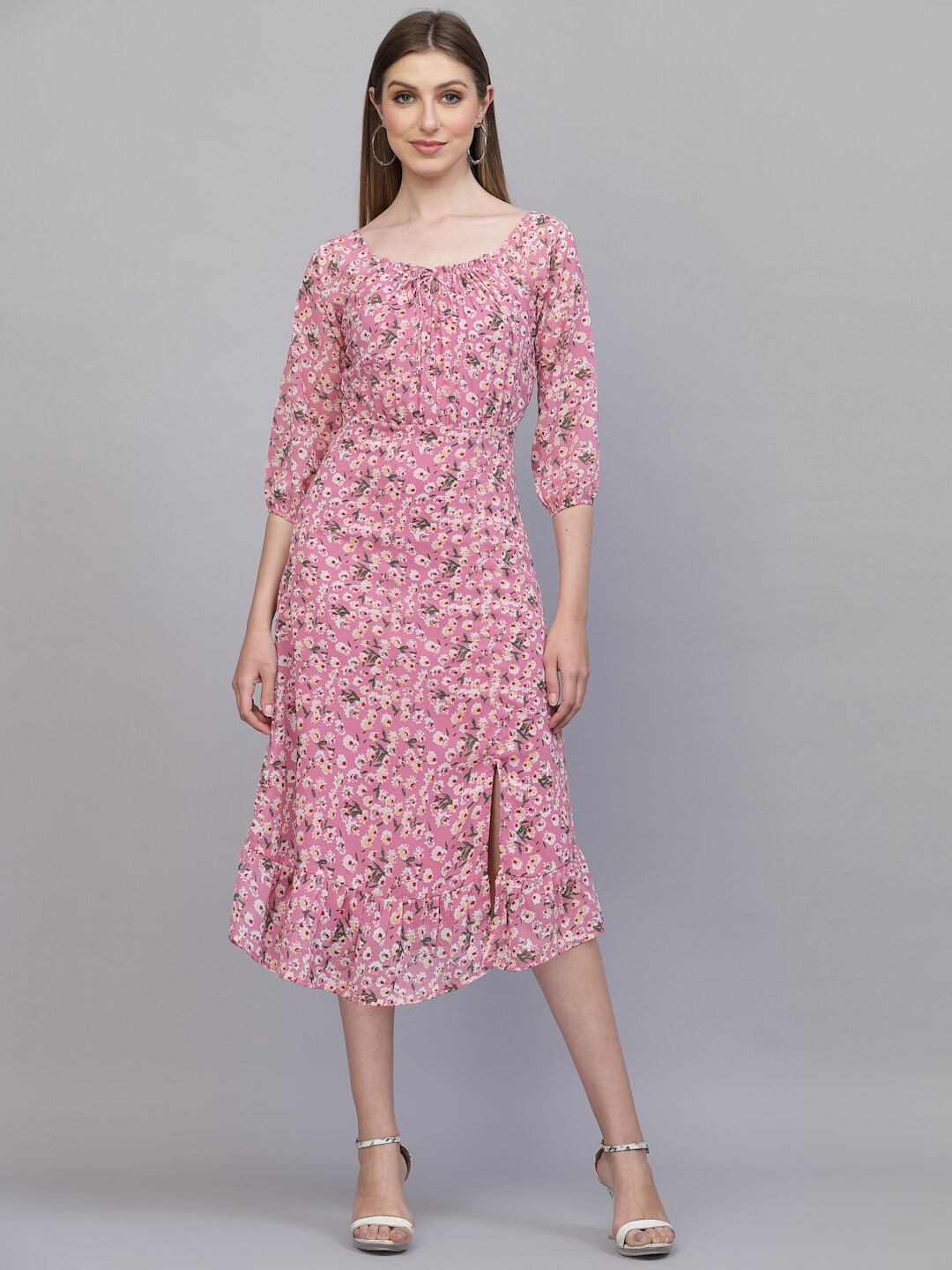 

aayu Floral Printed Puff Sleeve Flounce Midi Dress, Pink