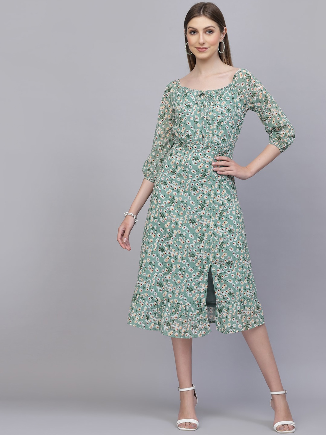 

aayu Floral Printed Tie-Up Neck Puff Sleeves Gathered A-Line Midi Dress, Green