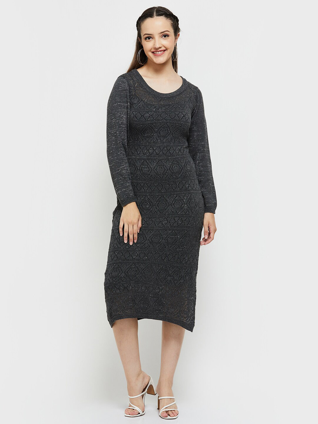 

max Long Sleeves Midi Acrylic Jumper Dress, Grey