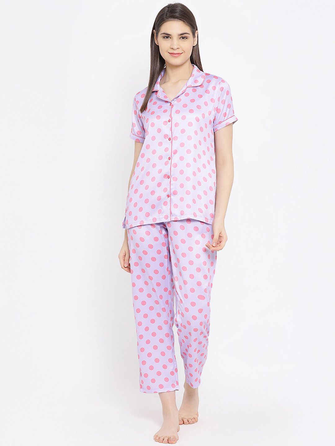 

Kanvin Polka Dots Printed Satin Night Suit, Violet