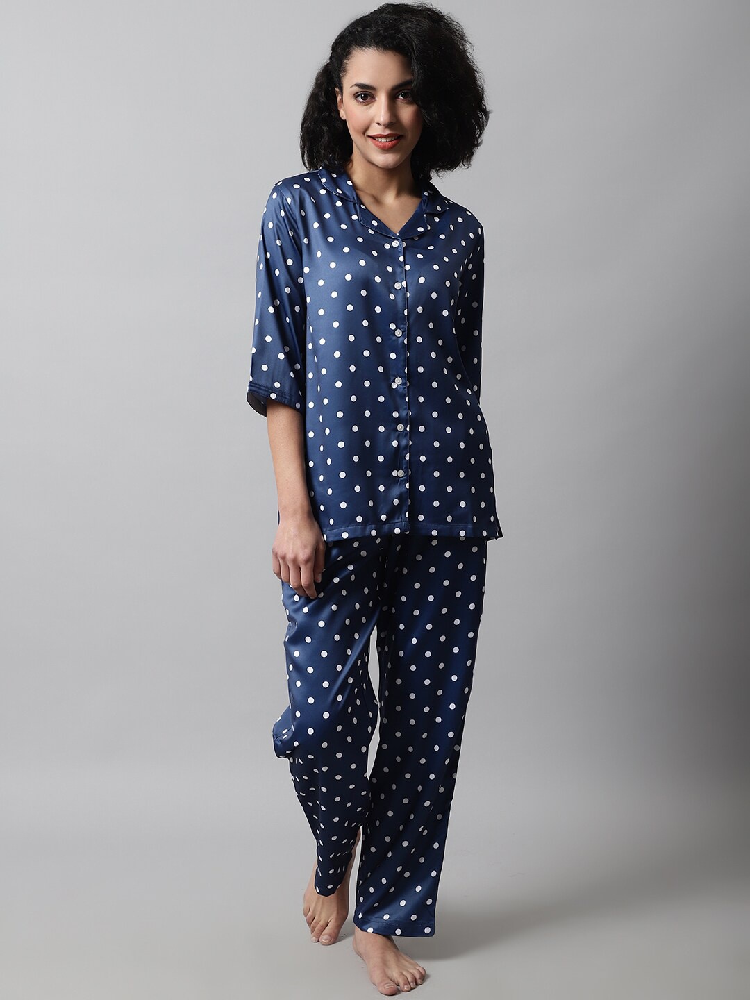 

Kanvin Polka Dots Printed Satin Night Suit, Navy blue