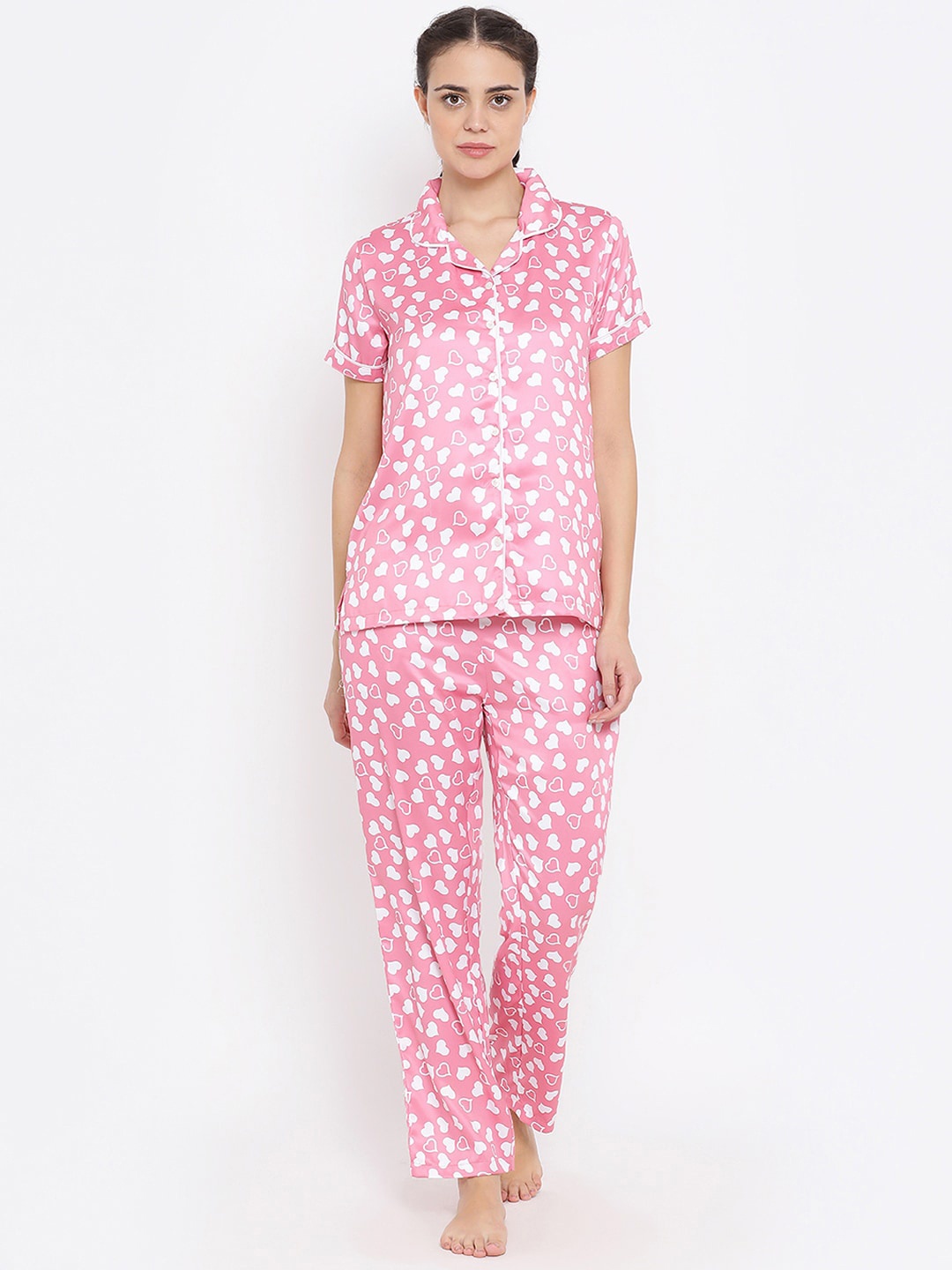 

Kanvin Conversational Printed Satin Night Suit, Pink