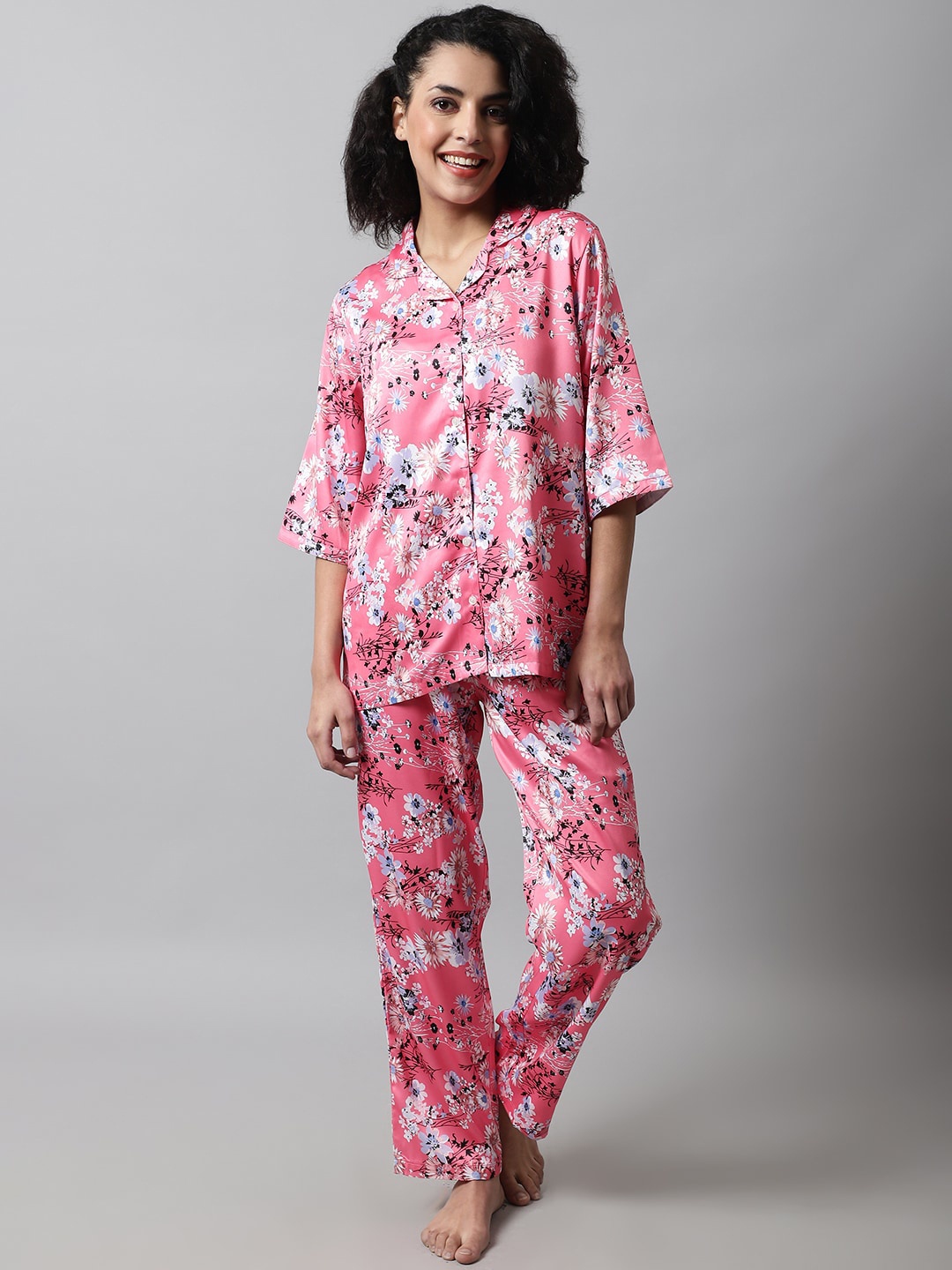 

Kanvin Floral Printed Satin Night Suit, Pink