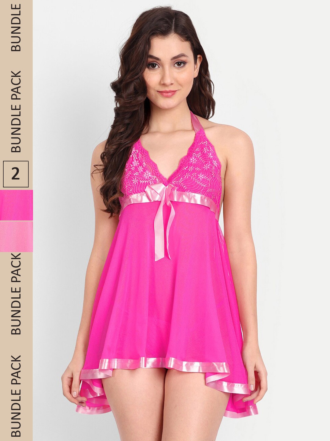 

FIMS Pack Of 2 Self Design Lace Net Halter Neck Baby Doll, Pink