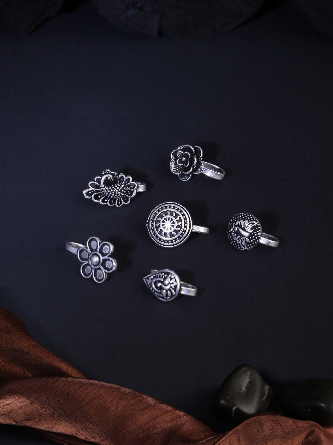 

Adwitiya Collection Set Of 6 Oxidised Silver-Plated Nosepin