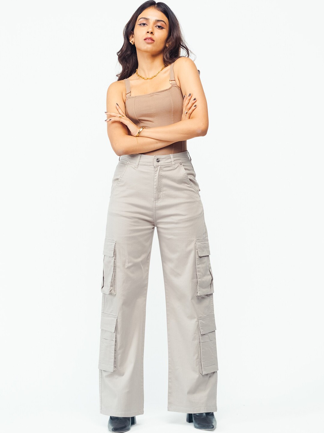 

FREAKINS Women Flared High-Rise Cargos, Grey