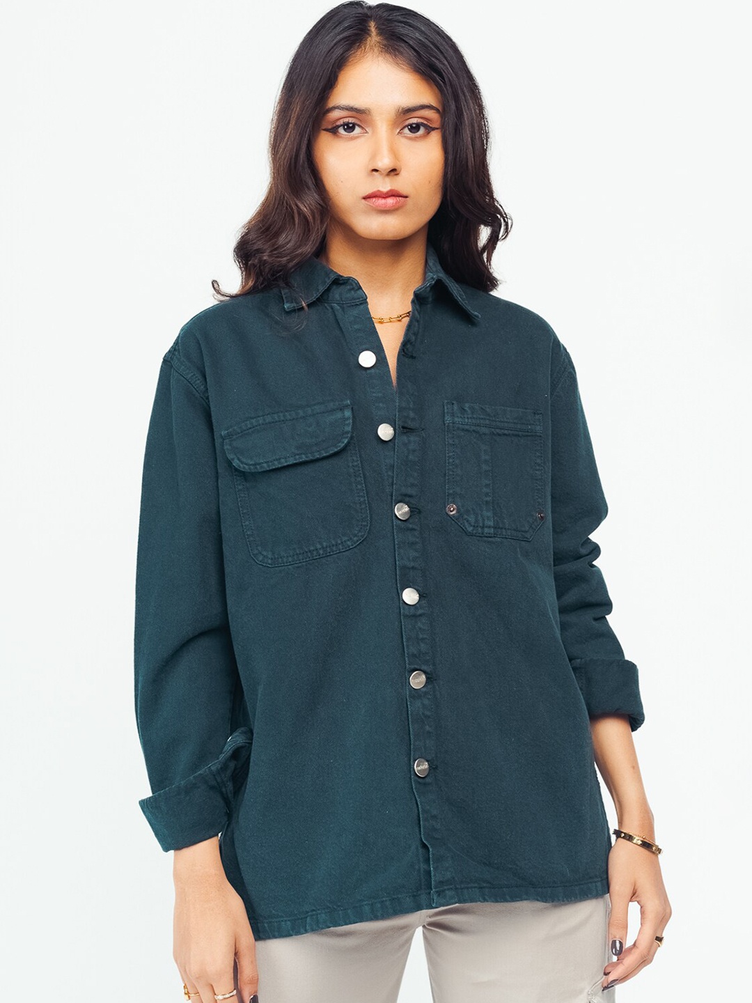 

FREAKINS Spread Collar Pocket Detail Pure Cotton Shacket, Teal