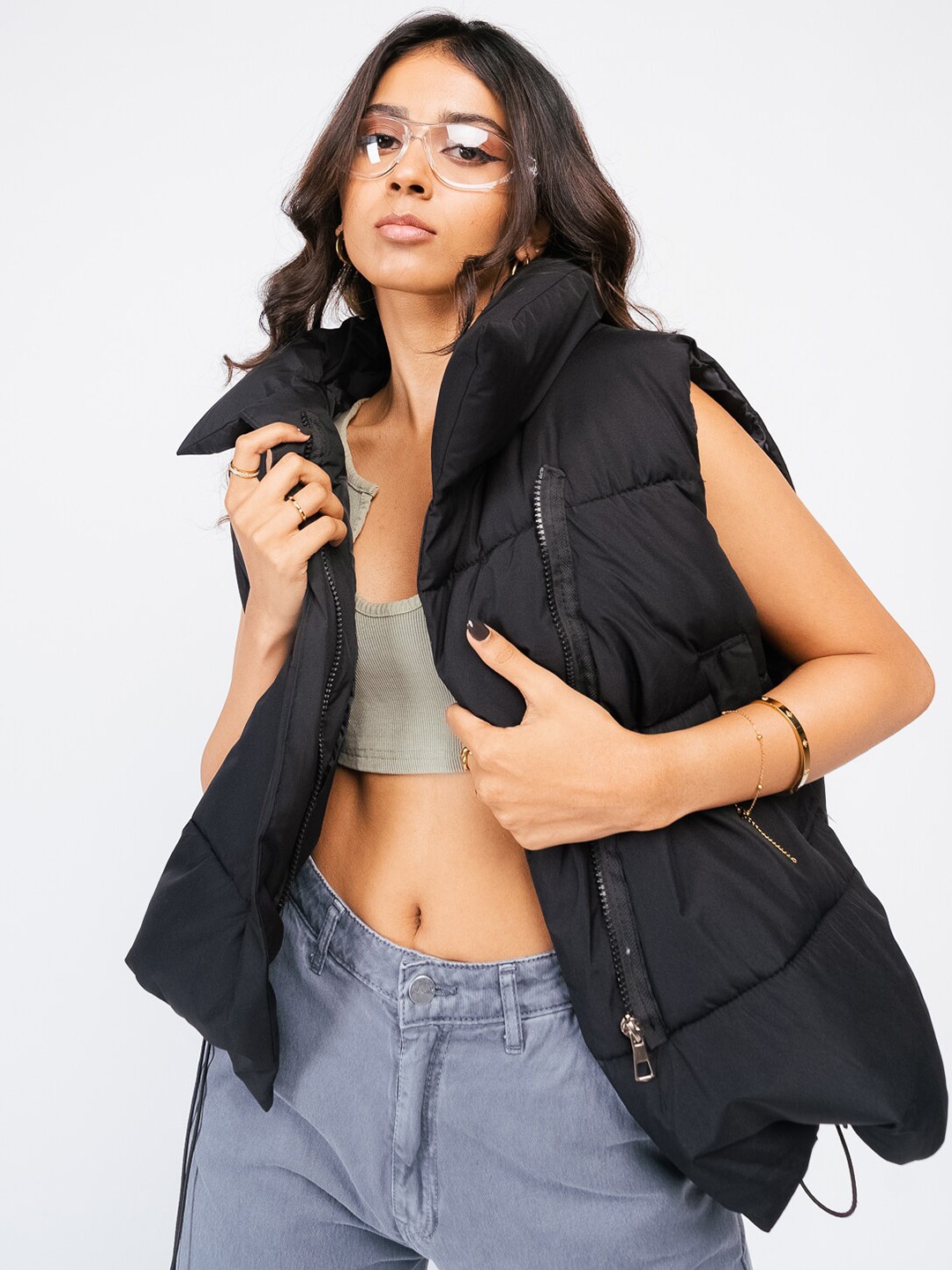 

FREAKINS Spread Collar Sleeveless Puffer Jacket, Black