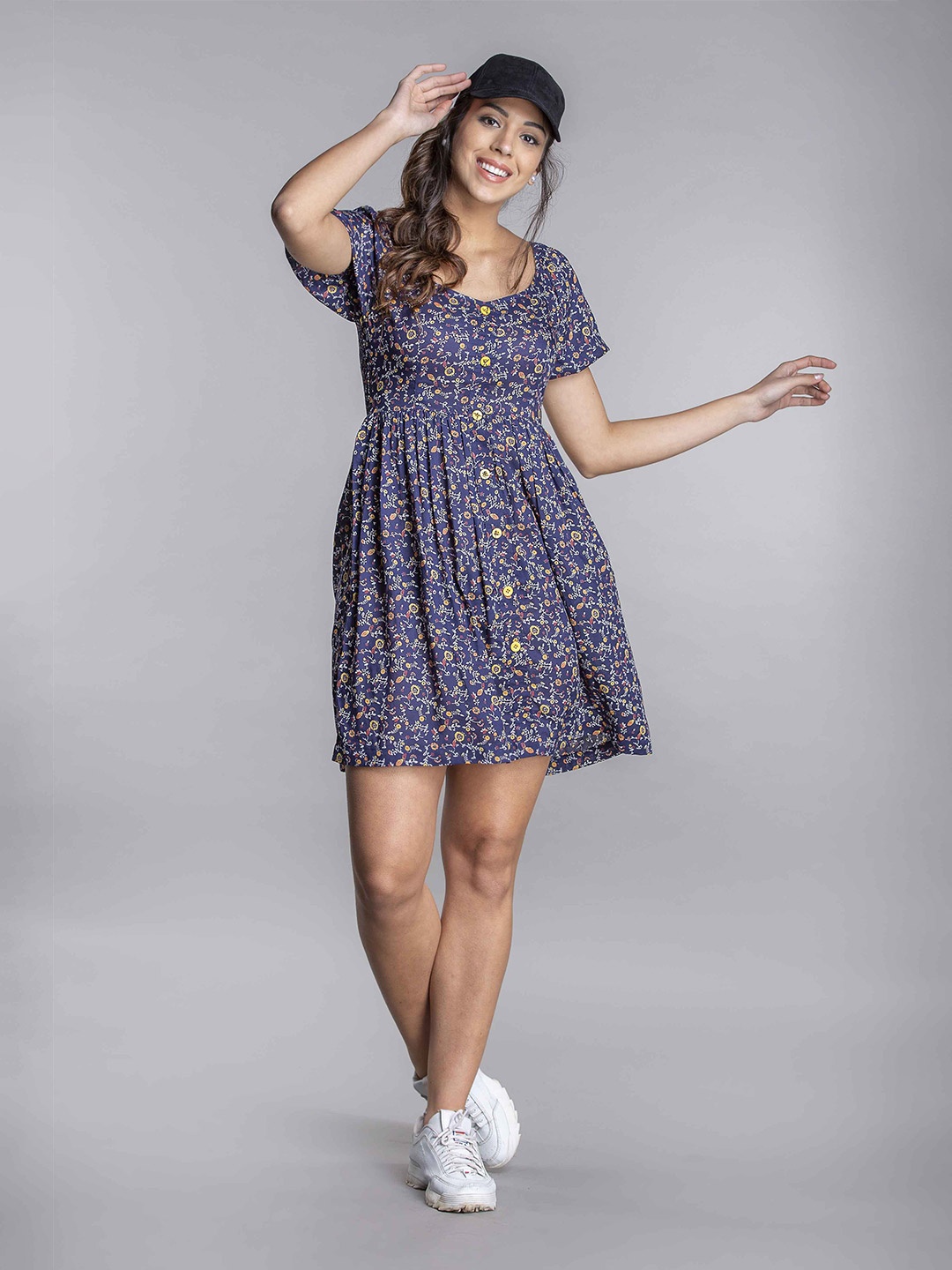 

MKOAL Floral Printed Pure Cotton Dress, Navy blue