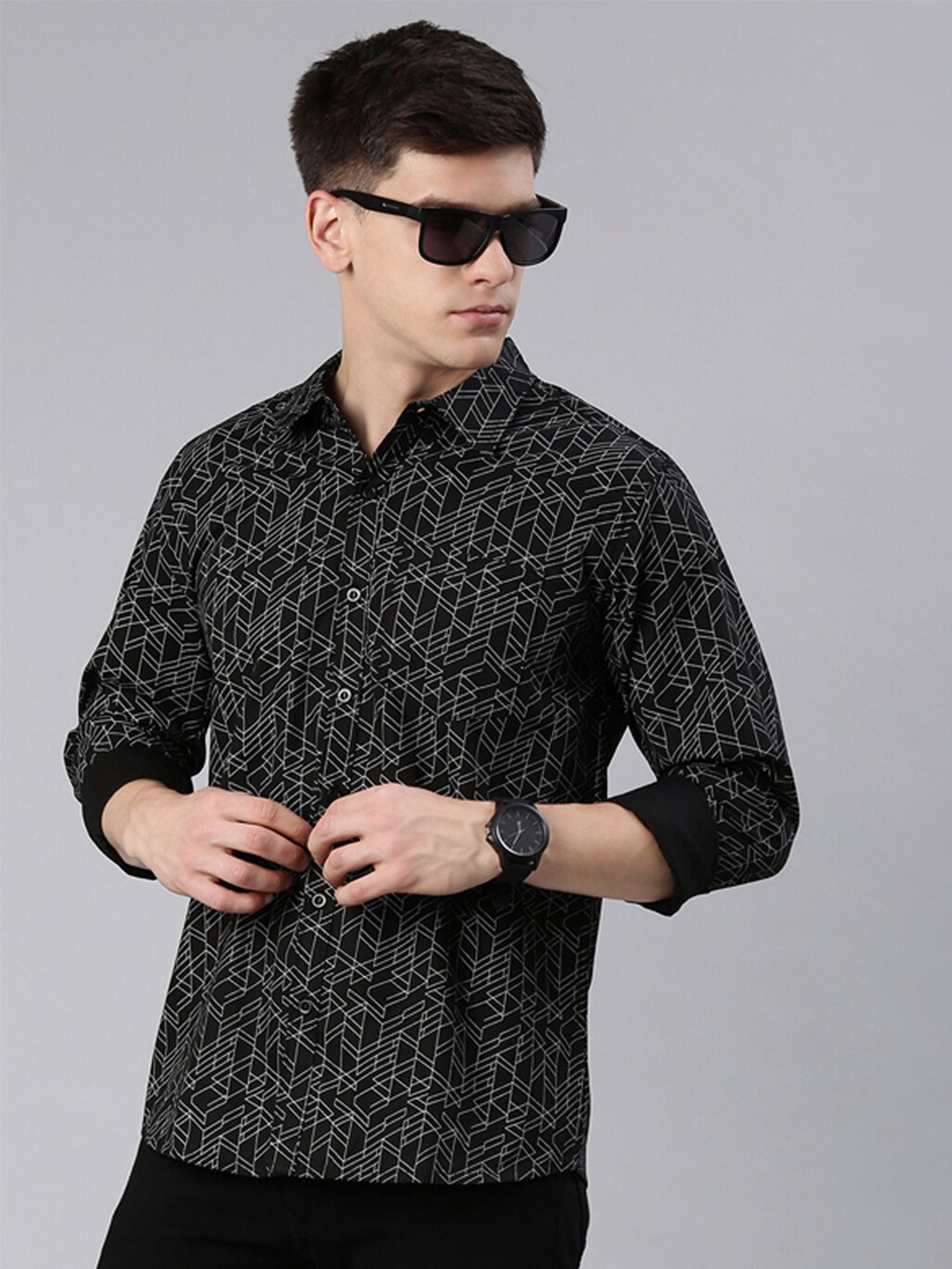 

Joven Slim Fit Geometric Printed Casual Pure Cotton Shirt, Black