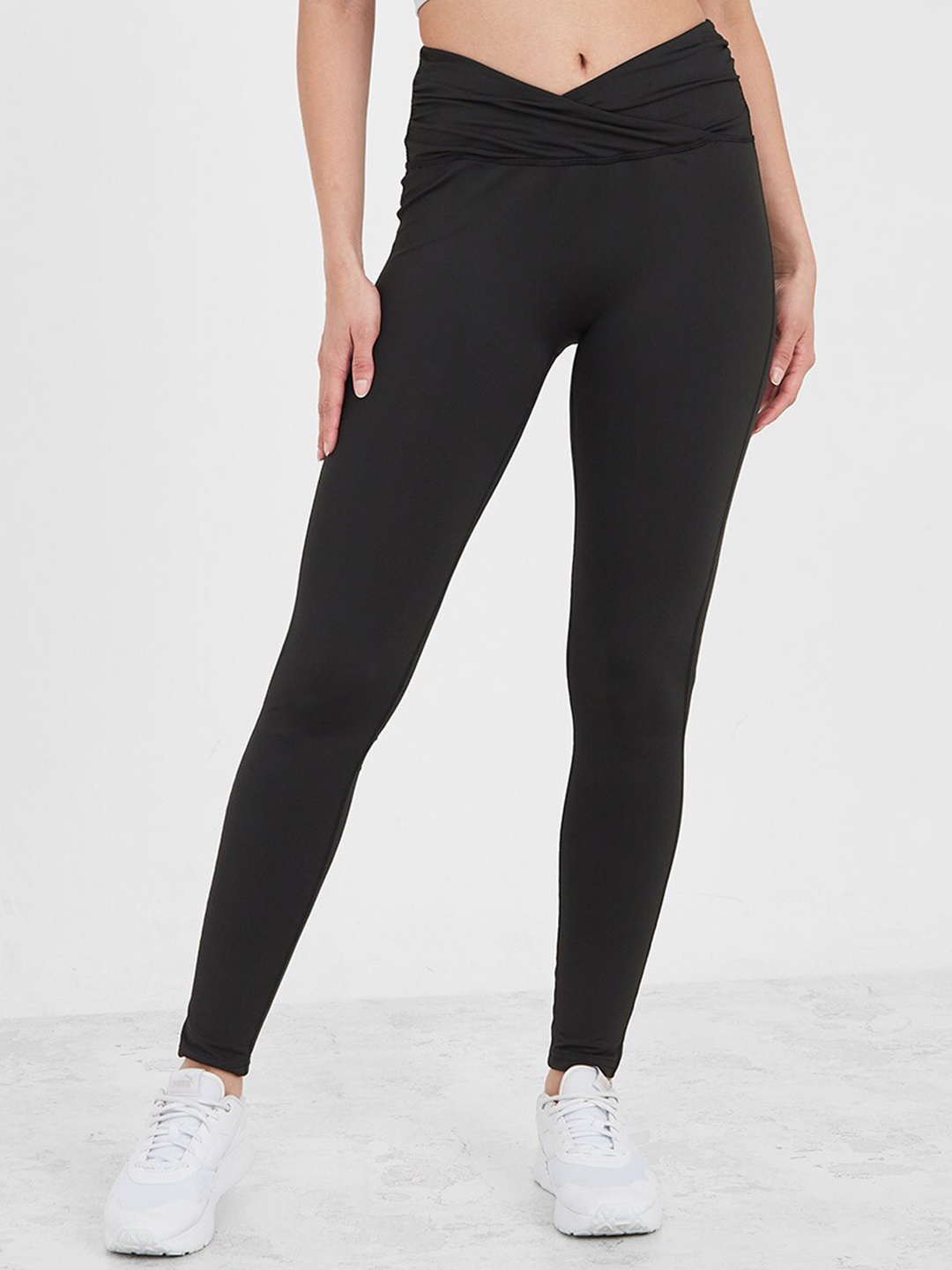 

Styli Solid Wrap Over Gathered Waist Active Tights, Black