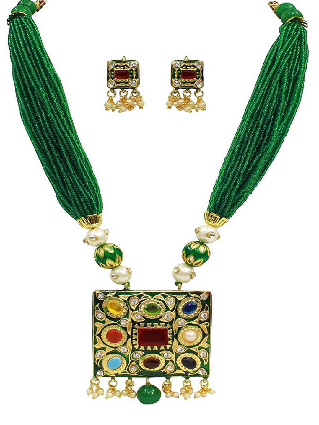 

Runjhun Gold-Plated Stone-Studded & Pearl Beaded Jewellery Set