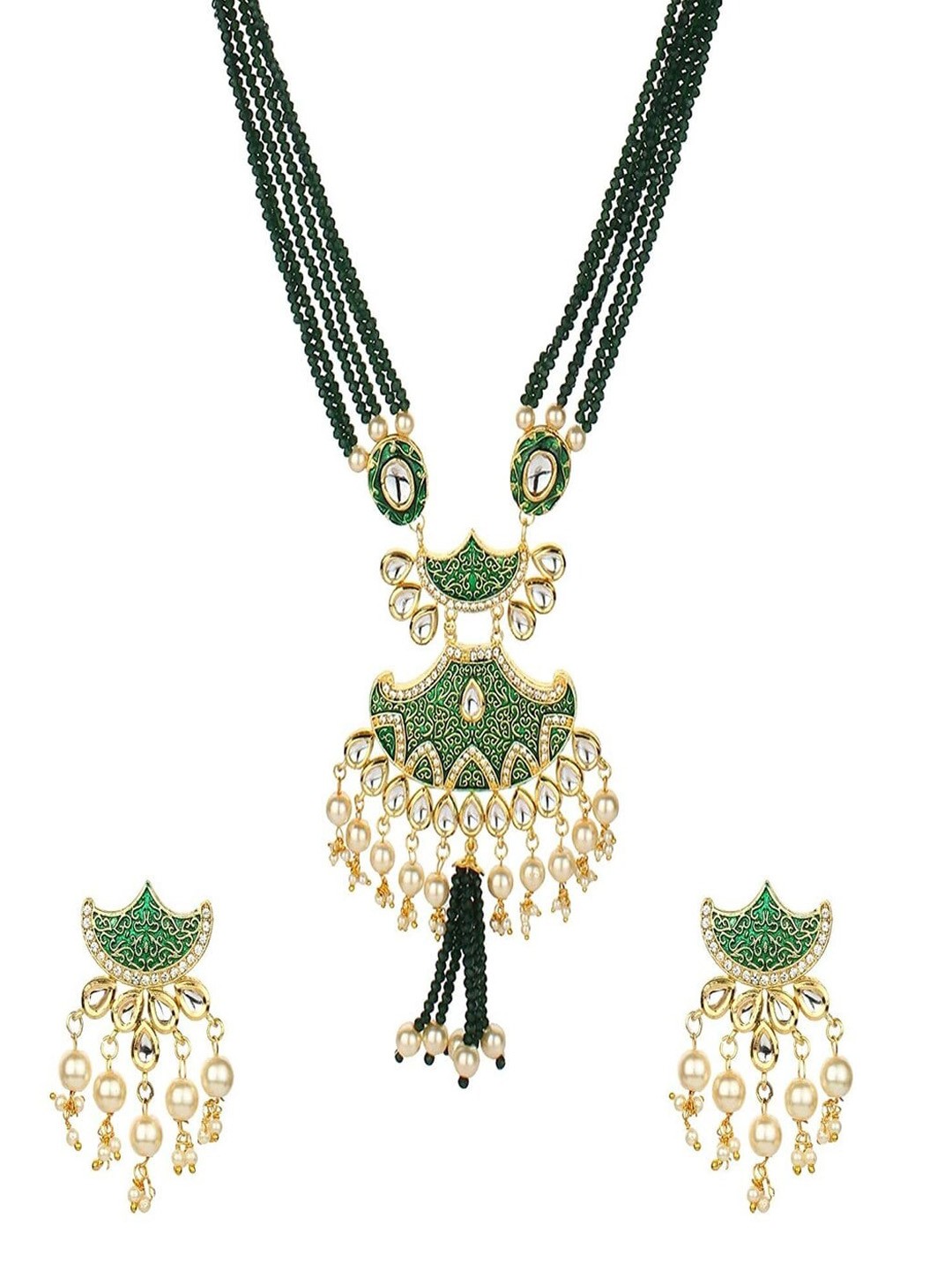 

Runjhun Gold-Plated Stone-Studded & Pearl Beaded Jewellery Set