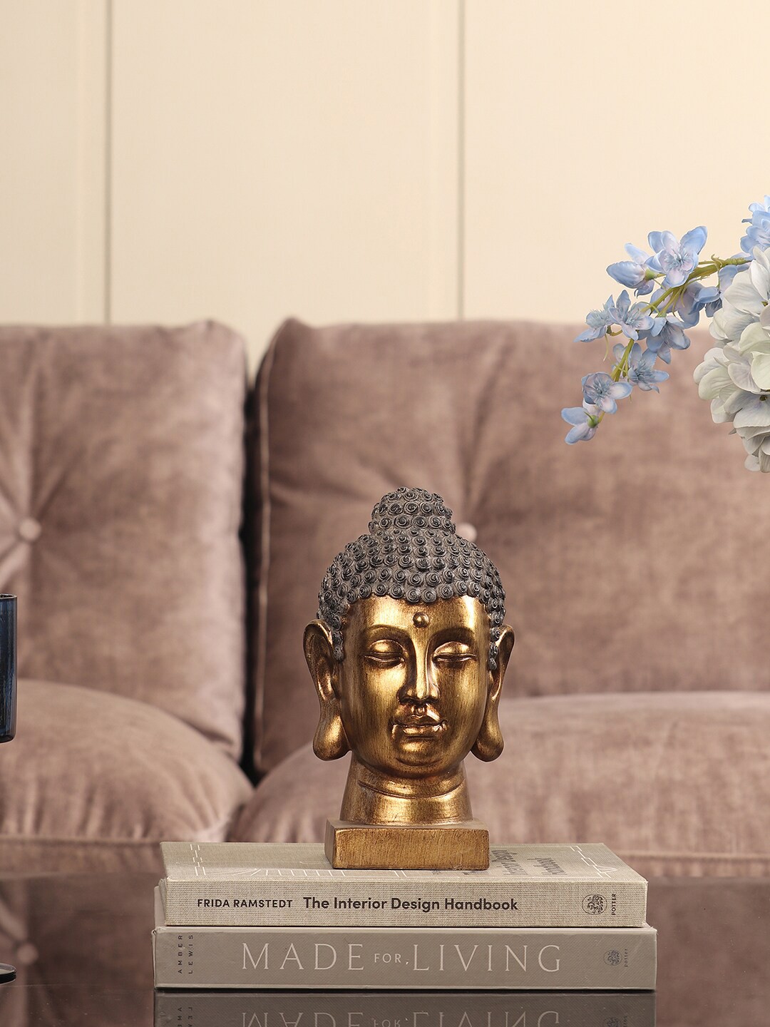 

Pure Home and Living Gold-Coloured Buddha Head With Square Base Showpiece