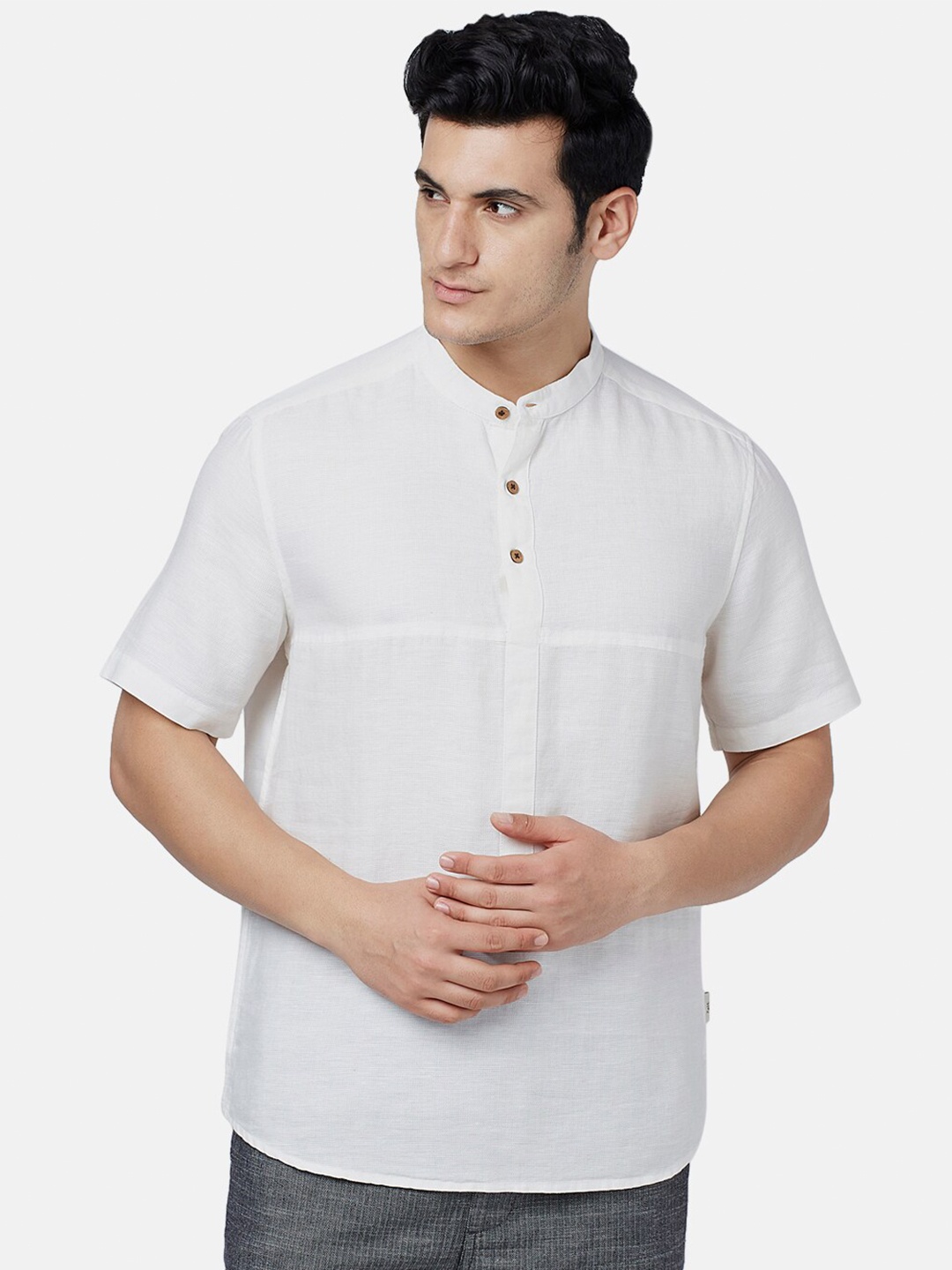 

7 Alt by Pantaloons Mandarin Collar Cotton Linen Casual Shirt, Off white