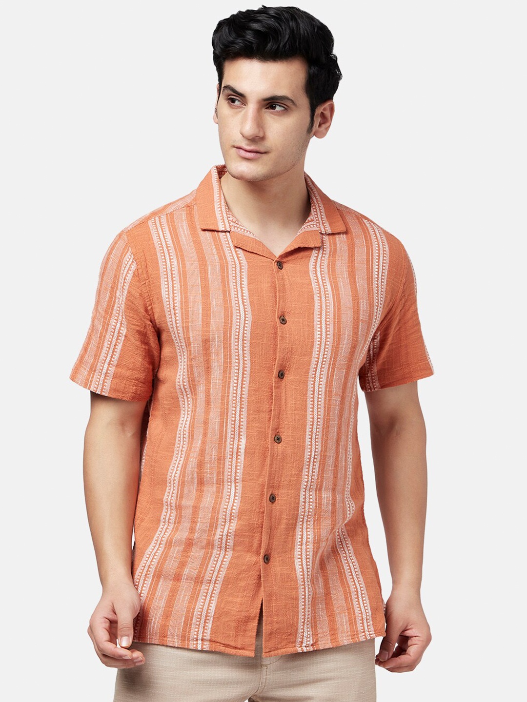 

7 Alt by Pantaloons Striped Cotton Casual Shirt, Orange