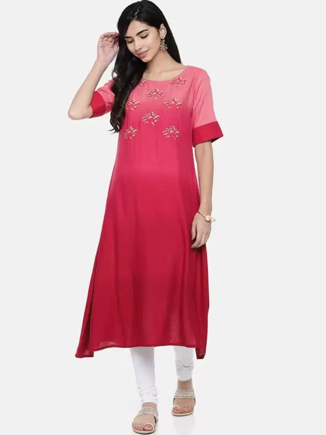 

Span Embellished Thread Work Pure Cotton Asymmetric A-Line Kurta, Pink
