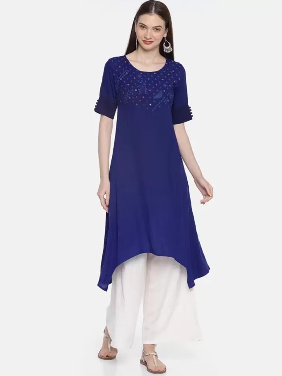 

Span Embroidered Cotton Round Neck A-Line Kurta, Navy blue