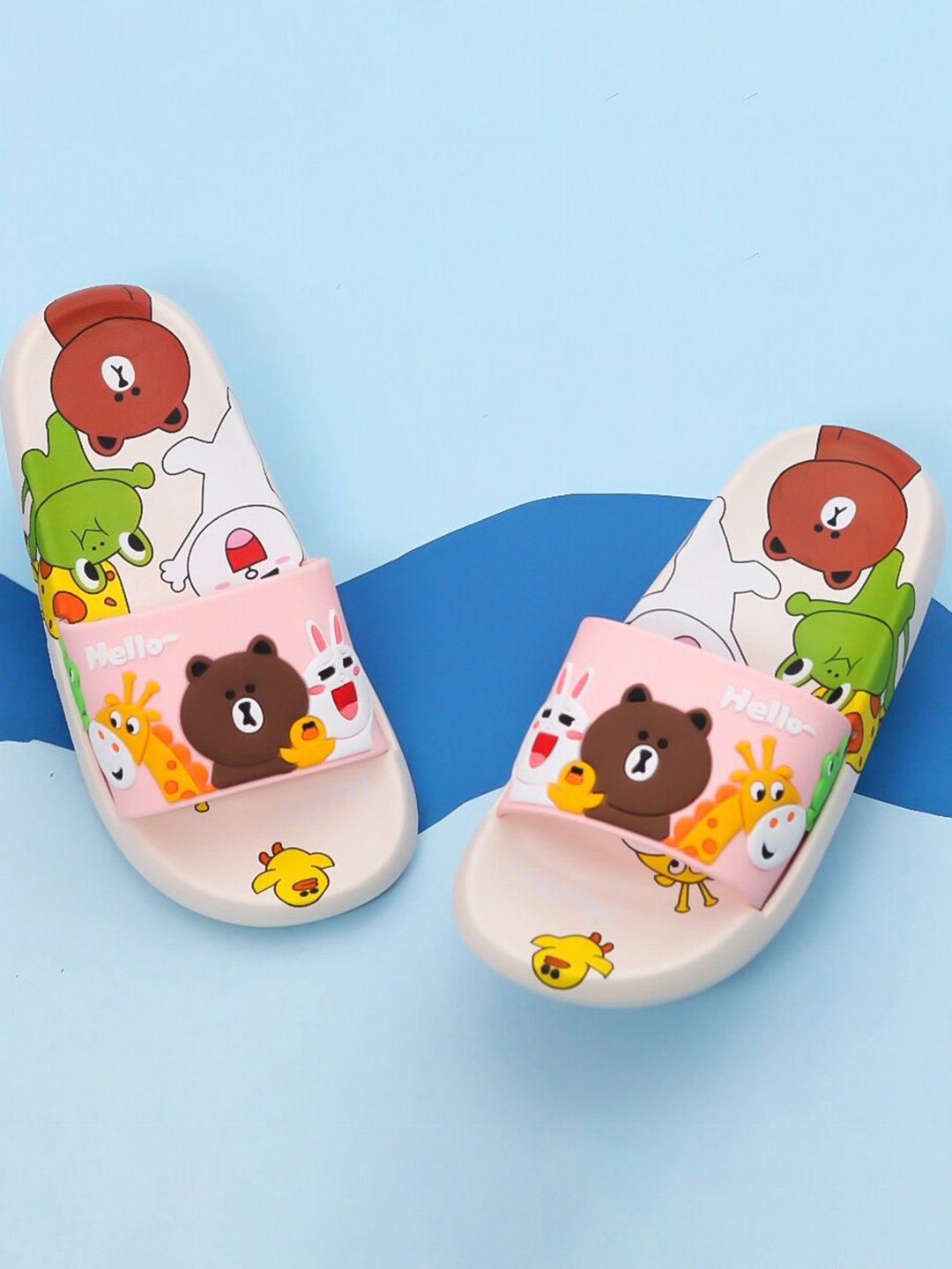 

Yellow Bee Girls Graphic Printed Sliders, Peach