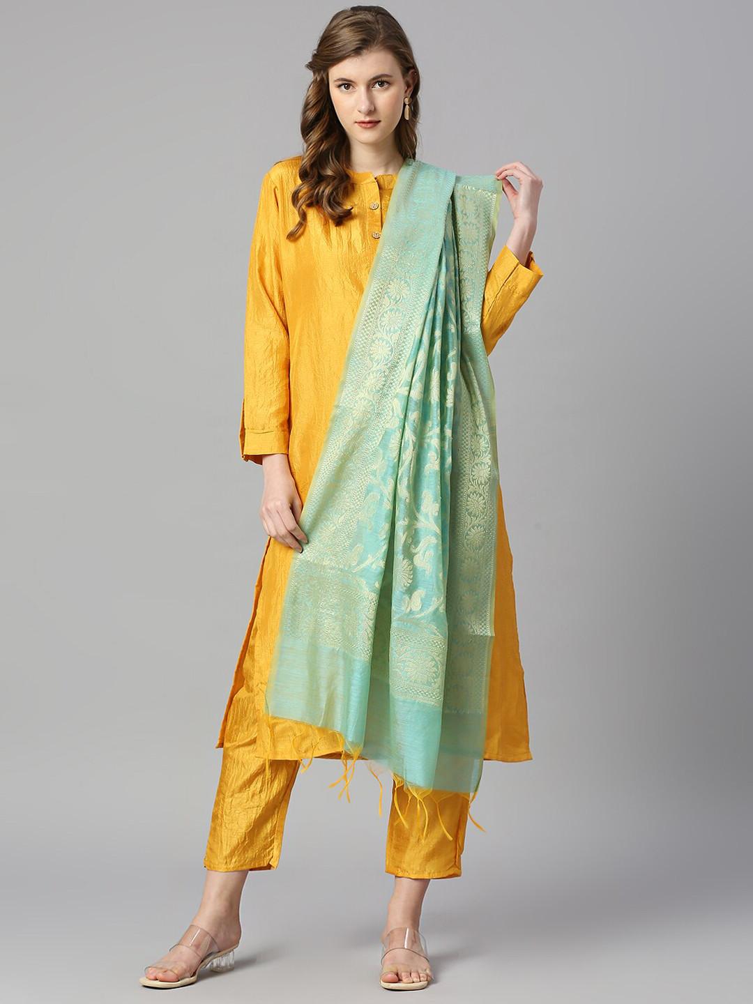 

KALINI Floral Thread Work Pure Silk Kurta With Trousers & Dupatta, Yellow