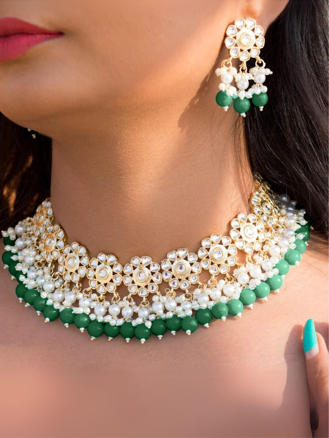 

I Jewels Gold-Plated Stone-Studded & Artificial Beaded Jewellery Set