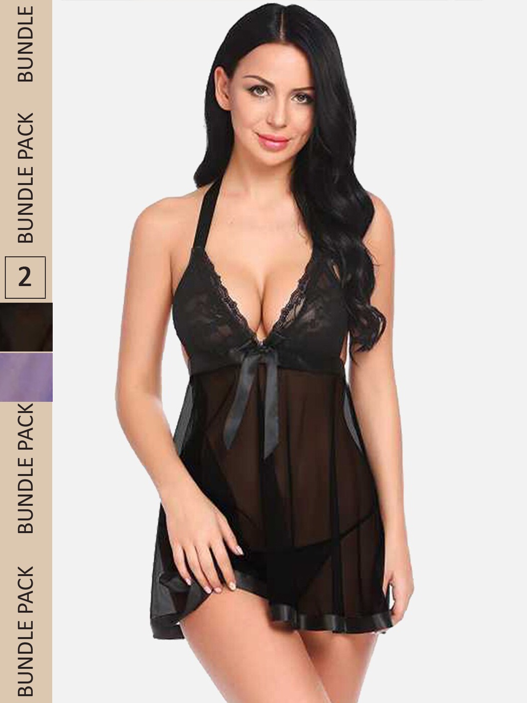 

FIMS Pack Of 2 Self Design Net Halter Neck Baby Doll, Blue
