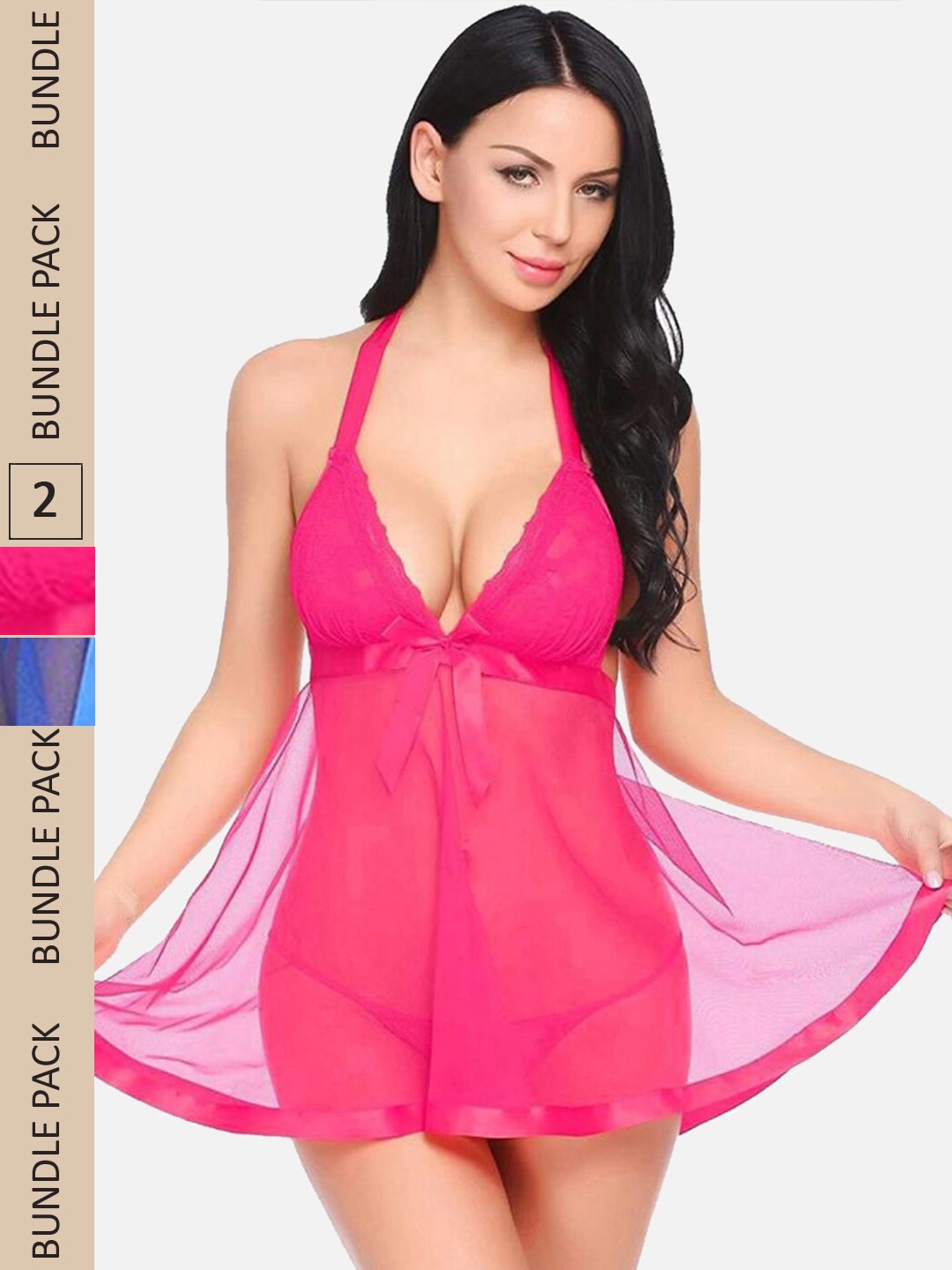 

FIMS Pack Of 2 Self Design Net Halter Neck Baby Doll, Pink