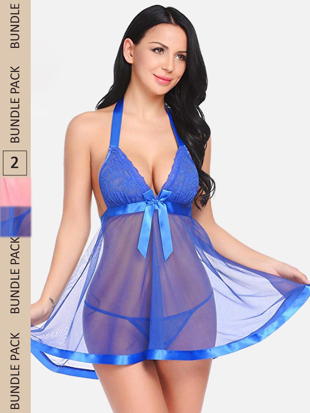 

FIMS Pack Of 2 Net Halter Neck Baby Doll, Blue