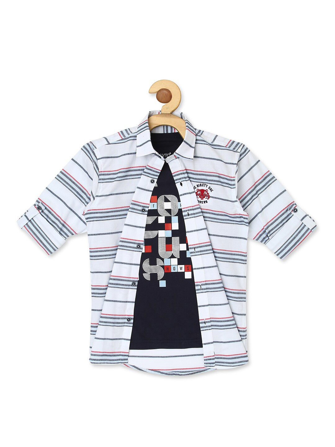 

CAVIO Boys Striped Cotton Casual Shirt & T-Shirt, White