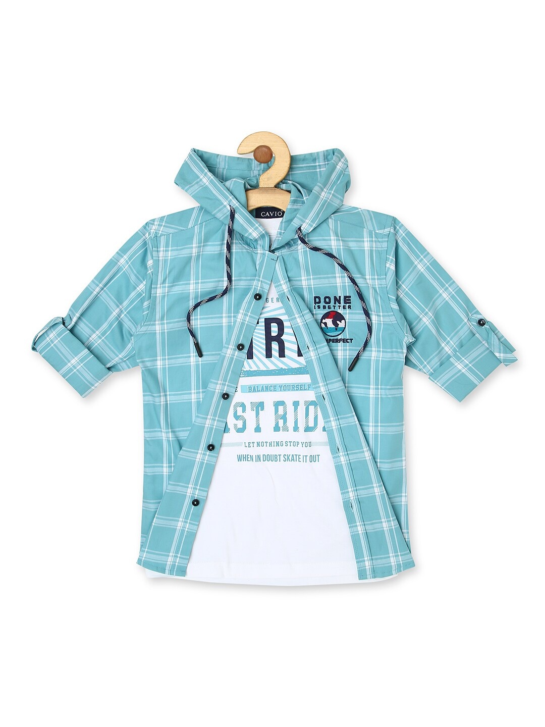 

CAVIO Boys Checked Hooded Comfort Casual Pure Cotton Shirt With T-Shirt, Blue