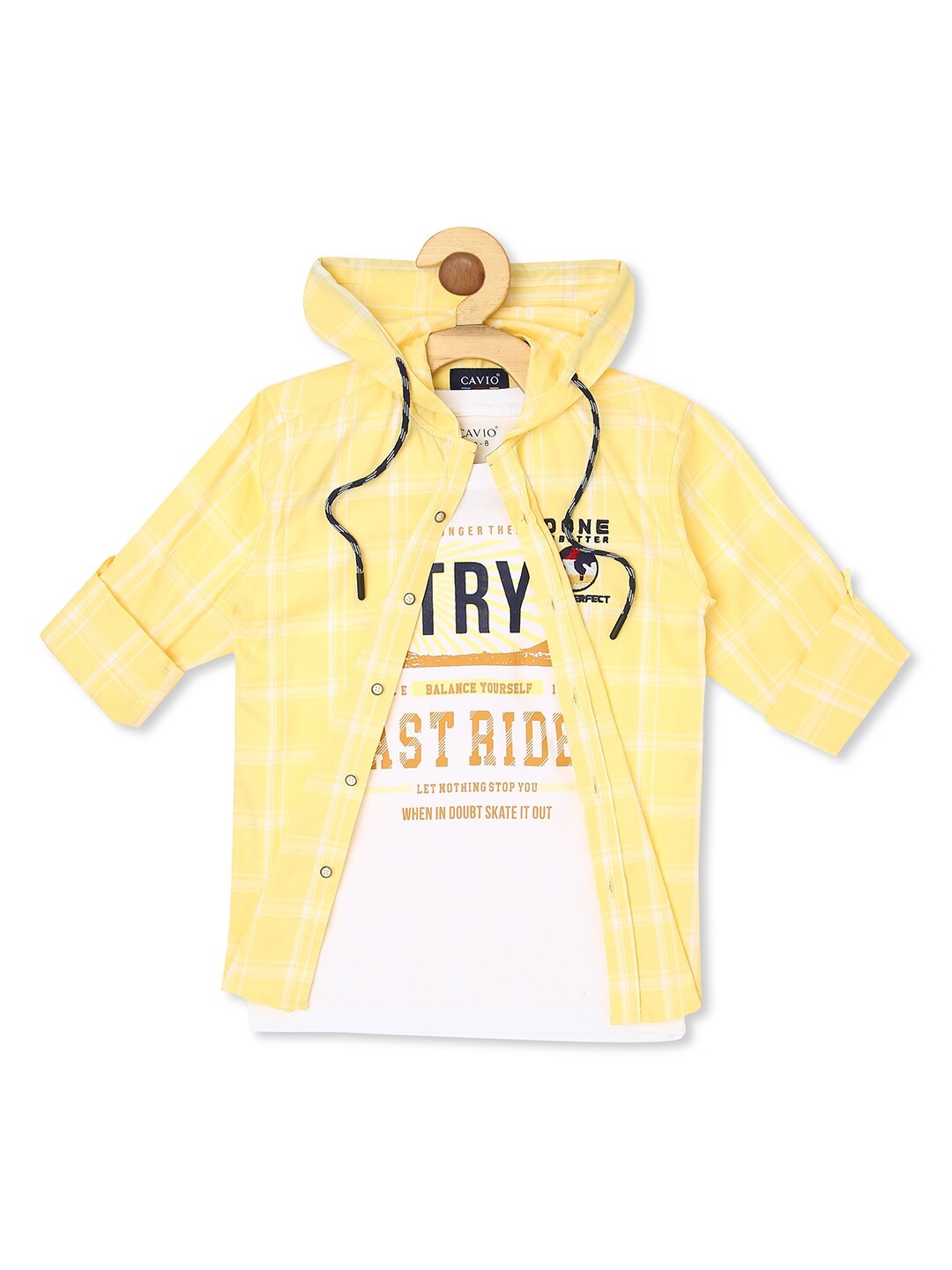 

CAVIO Boys Comfort Gingham Checked Hooded Denim Casual Shirt With T-shirt, Yellow